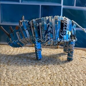 Handmade Blue and Silver upcycled White Cap Lager Aluminum Rhino Sculpture